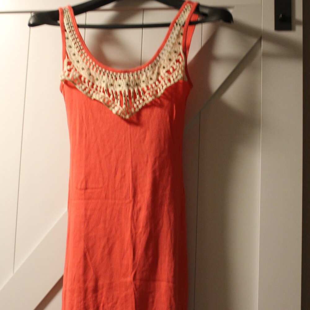 Victoria Secret tee shop coral ribbed mini dress crochet neckline S euc